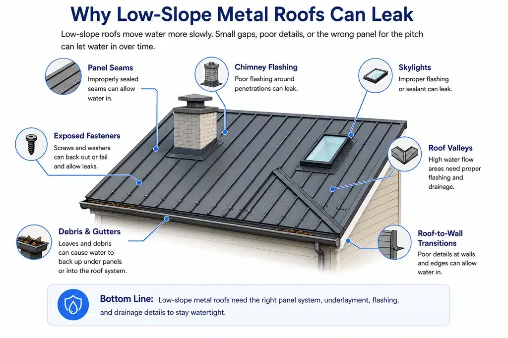 Low-slope metal roof leak risk areas near seams, fasteners, flashing, and debris.